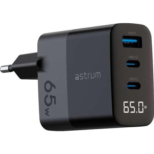 Astrum watz 65g negro / adaptador de corriente con pantalla led integrada / 65w / 1 puerto usb-a y 2 puertos usb-c