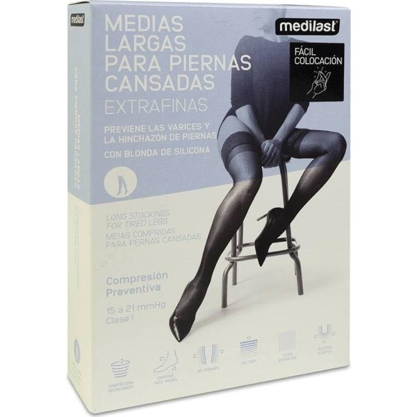 Medilast Medias De Compresión Preventiva Largas Con Blonda Para Piernas Cansadas De Fácil Colocación 421 Negro Talla S, 1 Par